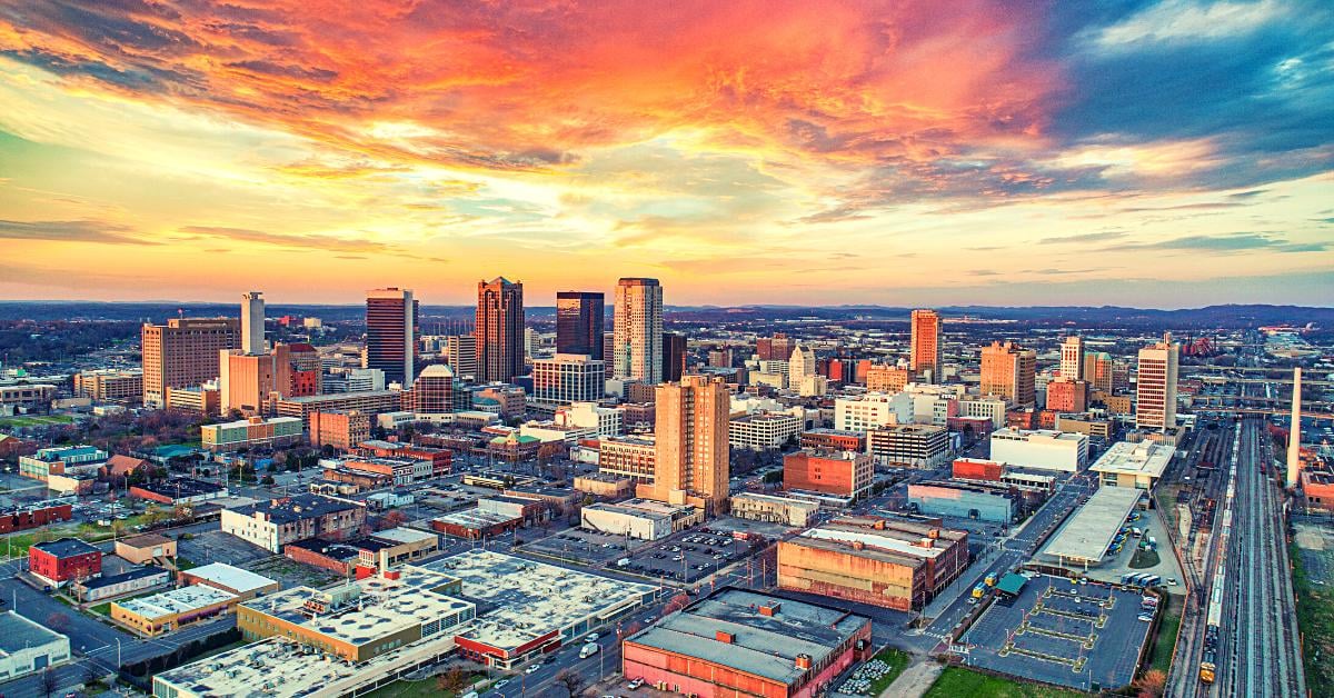 Birmingham, AL skyline at sunset.
