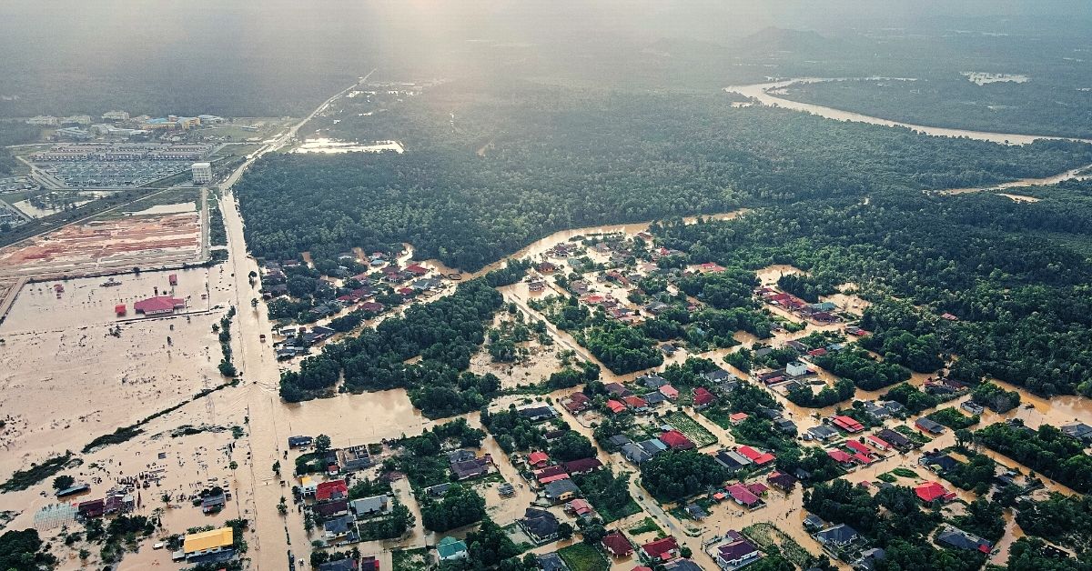 Aerial view of flooded town