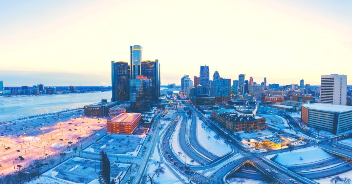 Snow on buildings in downtown Detroit, MI